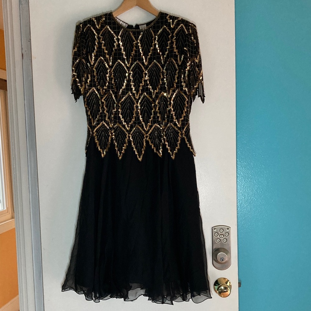 Laurence Kazar Womens Vintage Gold Sequin Leaf Print Silk Midi Dress Size PM